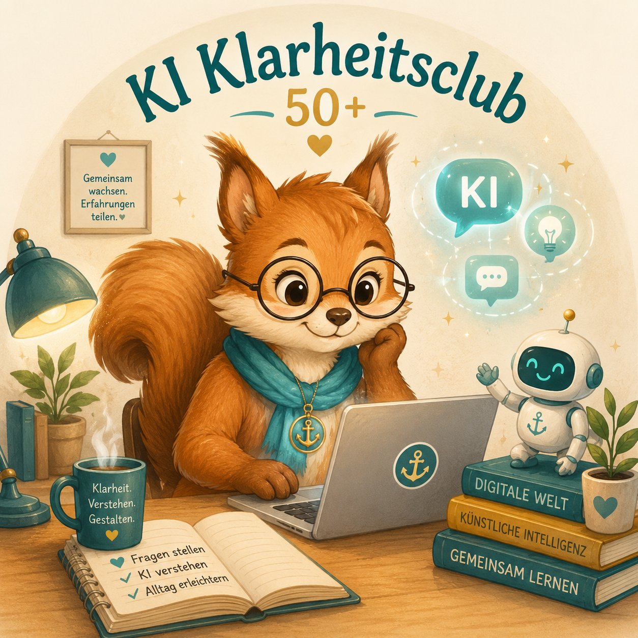 Klara, das Eichhörnchen-Maskottchen des KI-Klarheitsclubs 50+, am Laptop mit einem kleinen KI-Begleiter