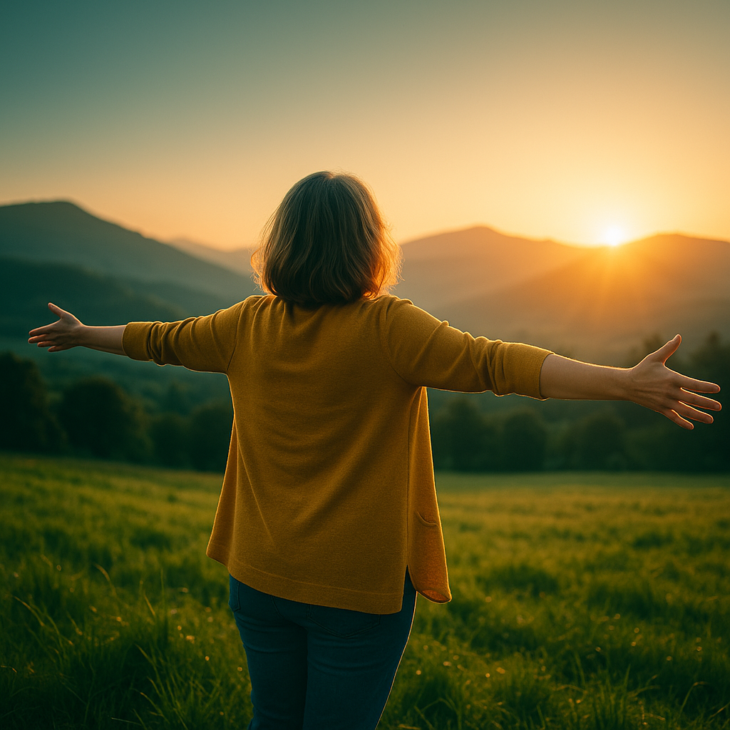 Frau mit geöffneten Armen in weiter Landschaft bei Sonnenaufgang